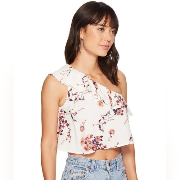 Roxy Lynnette Ruffled Floral White Crop Top Tapioca Serene Crane Print sz Small - Picture 1 of 9